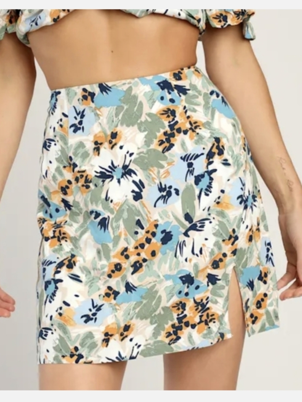 Lulus Blue, Beige, and White Multi Floral Print Notched Mini Skirt -  XS